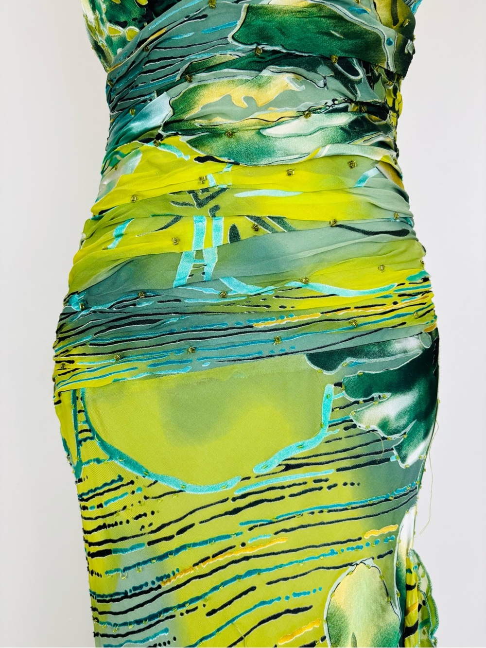 Vintage Artwear Silk Blend Burnout Velvet Beaded Halter Maxi Gown Green Abstract - Picture 5 of 14